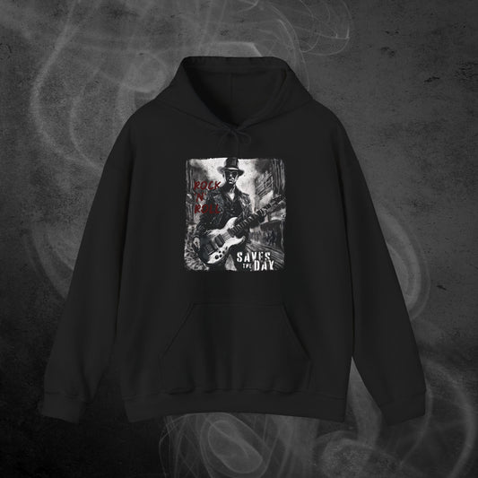 Black Hoodie With An Illustration Of A roker Man With A Guitar In The Middle Of A Building Design And Text Rock And Roll