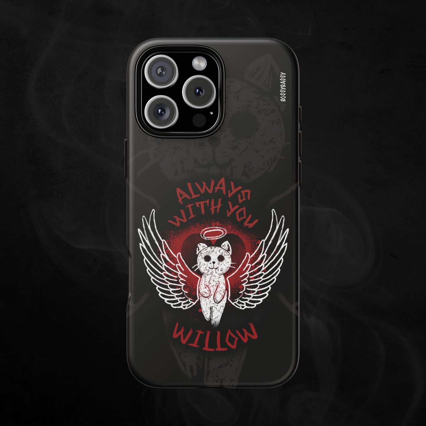 black matte phone case with illustration of an angel cat and the text Always With You and custom name