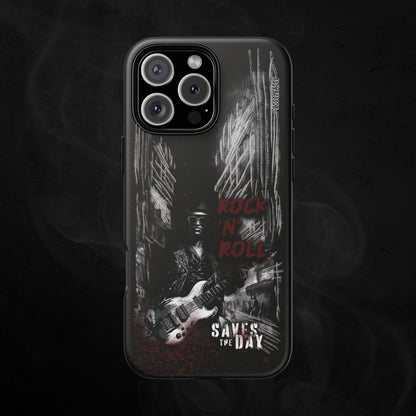 Black Matte Phone Case With An Illustration Of A roker Man With A Guitar In The Middle Of A Building Design And Text Rock And Roll