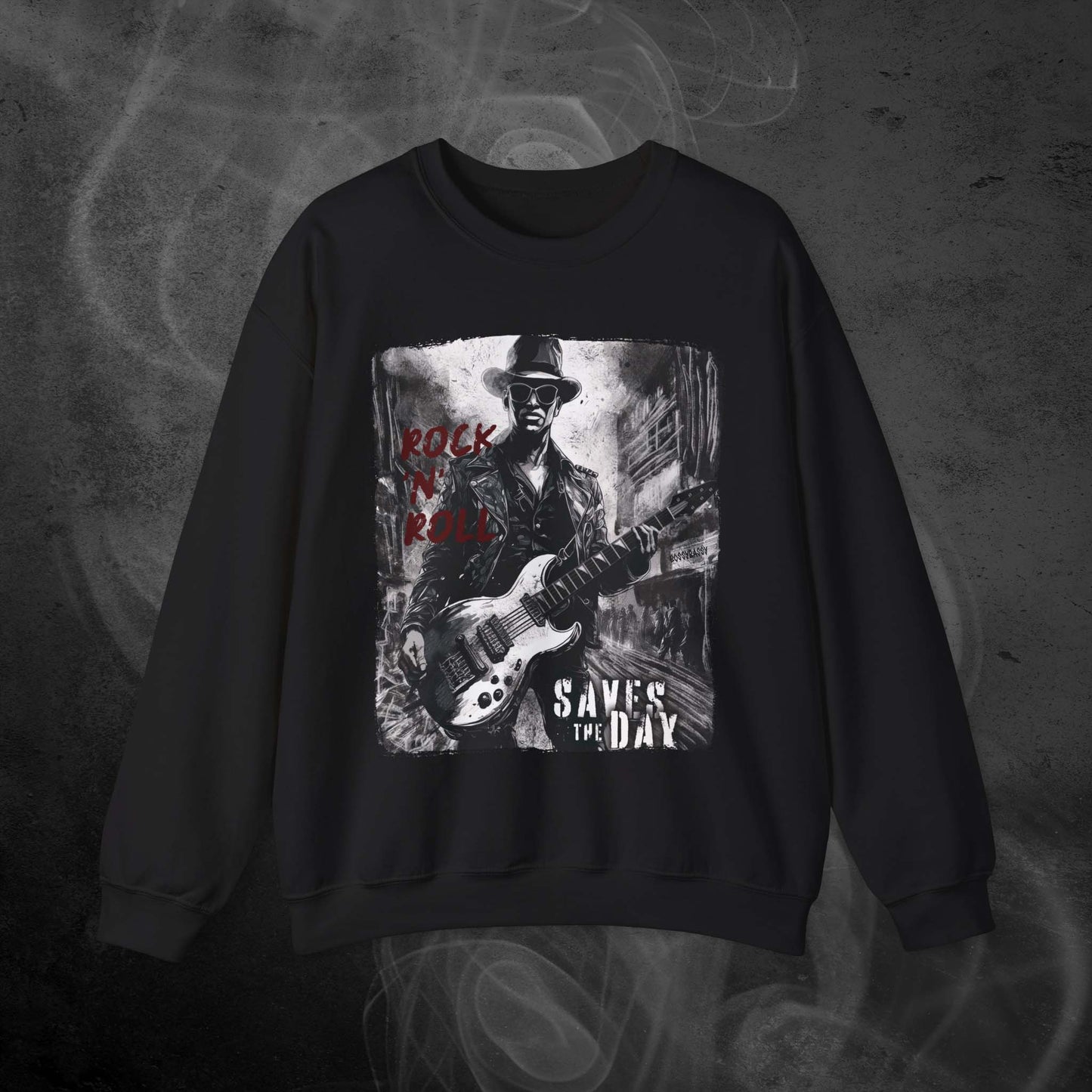 Black Sweatshirt With An Illustration Of A roker Man With A Guitar In The Middle Of A Building Design And Text Rock And Roll