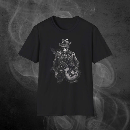 Black Tshirt With A Rockstar Skeleton Print And Text Rock Leyend