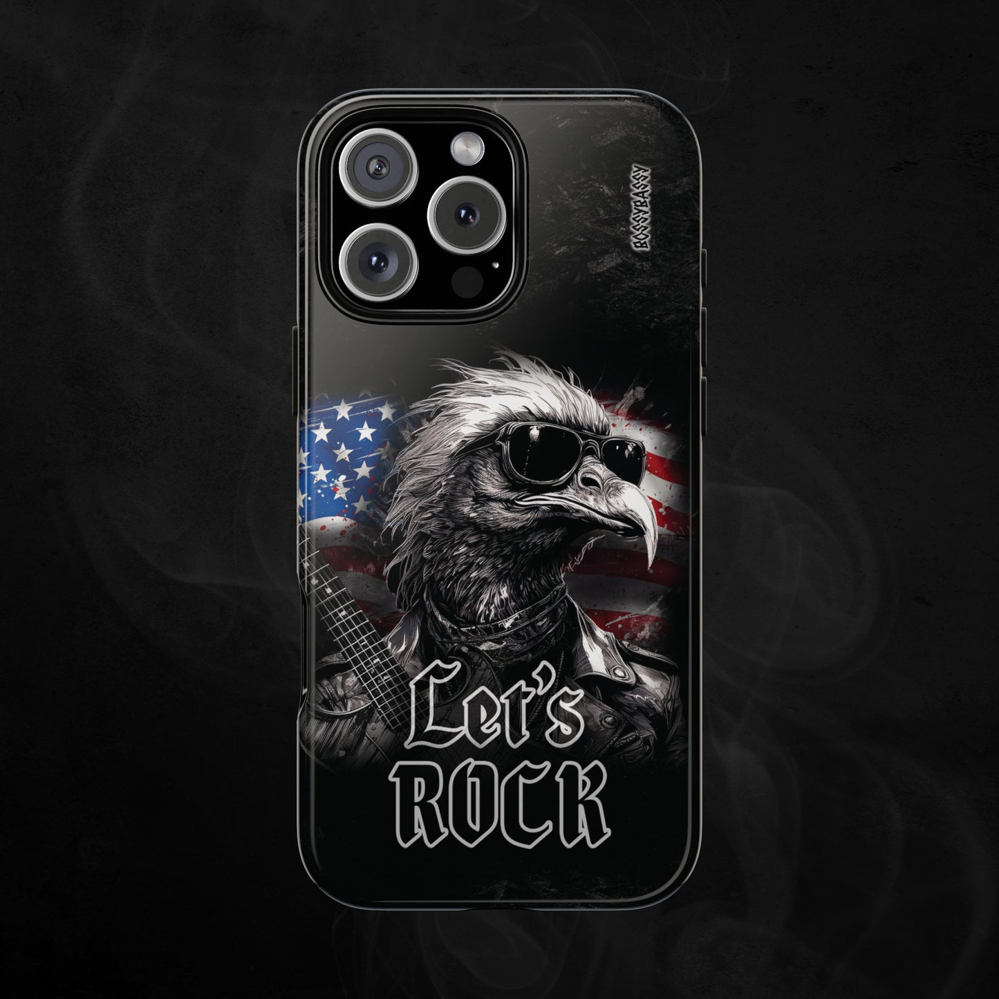 Black_Glossy_Phone_Case_With_A_Rocker_Eagle_With_US_Flag_On_Background_And_Text_Lets_Rock