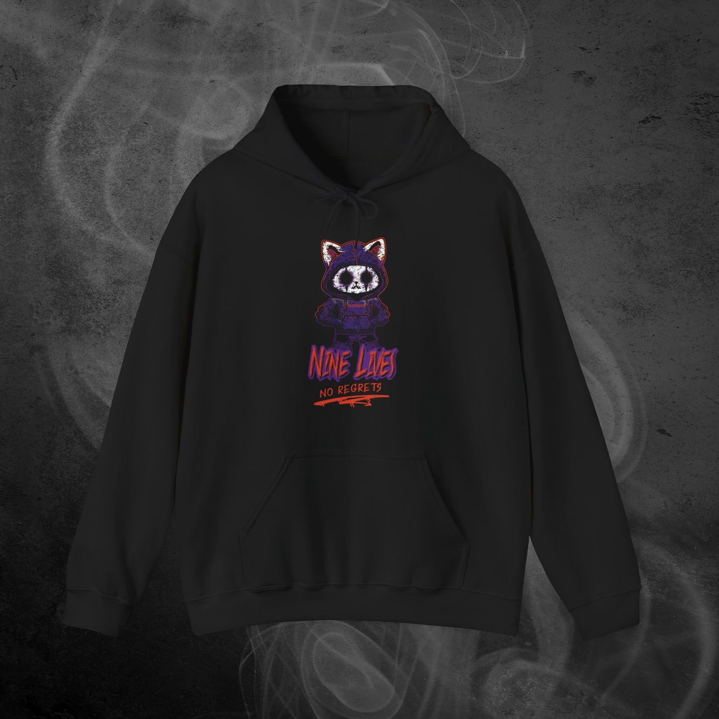 Black Hoodie With A Gothic Emo Cat Design And Text  Nine Lives No Regrets