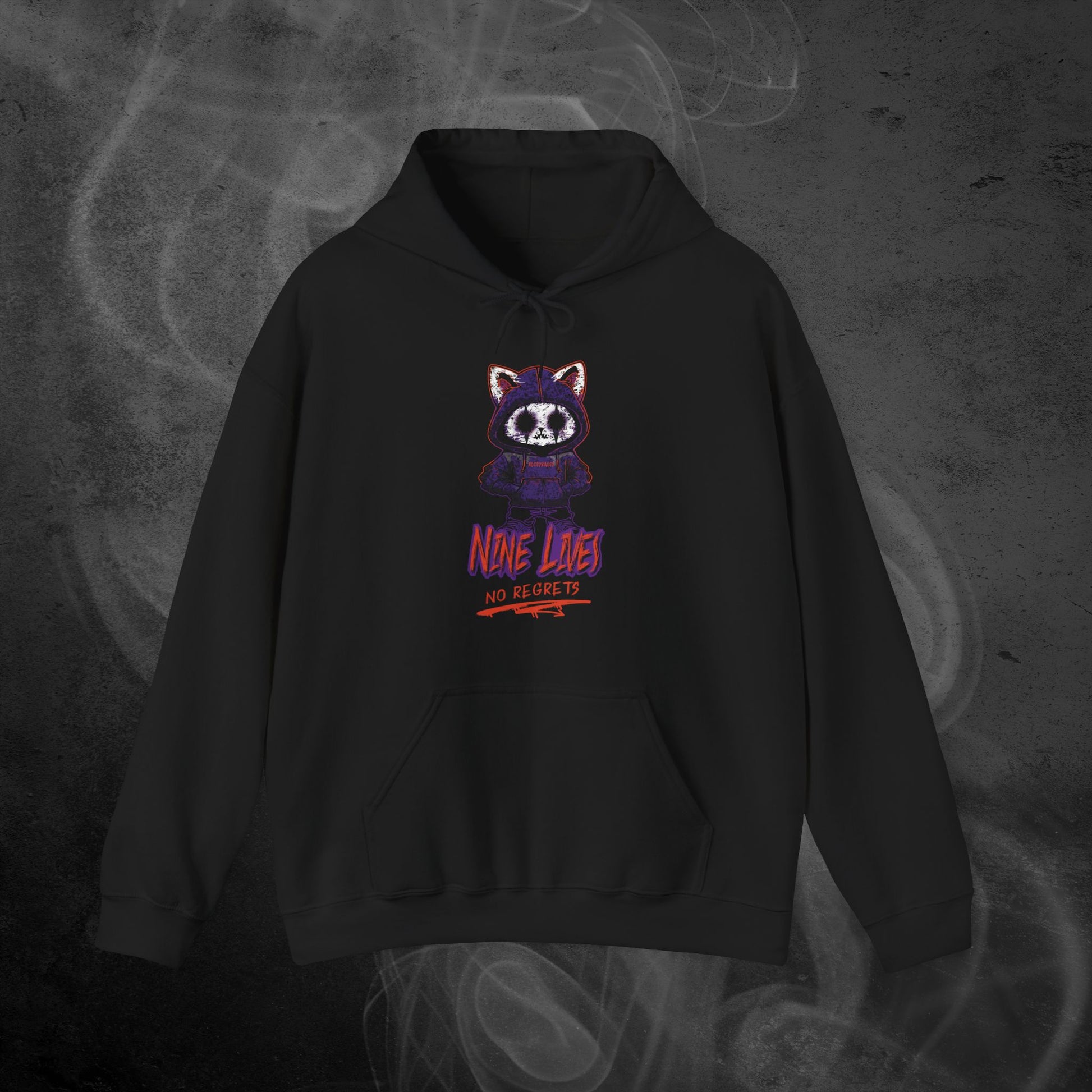 Black Hoodie With A Gothic Emo Cat Design And Text  Nine Lives No Regrets