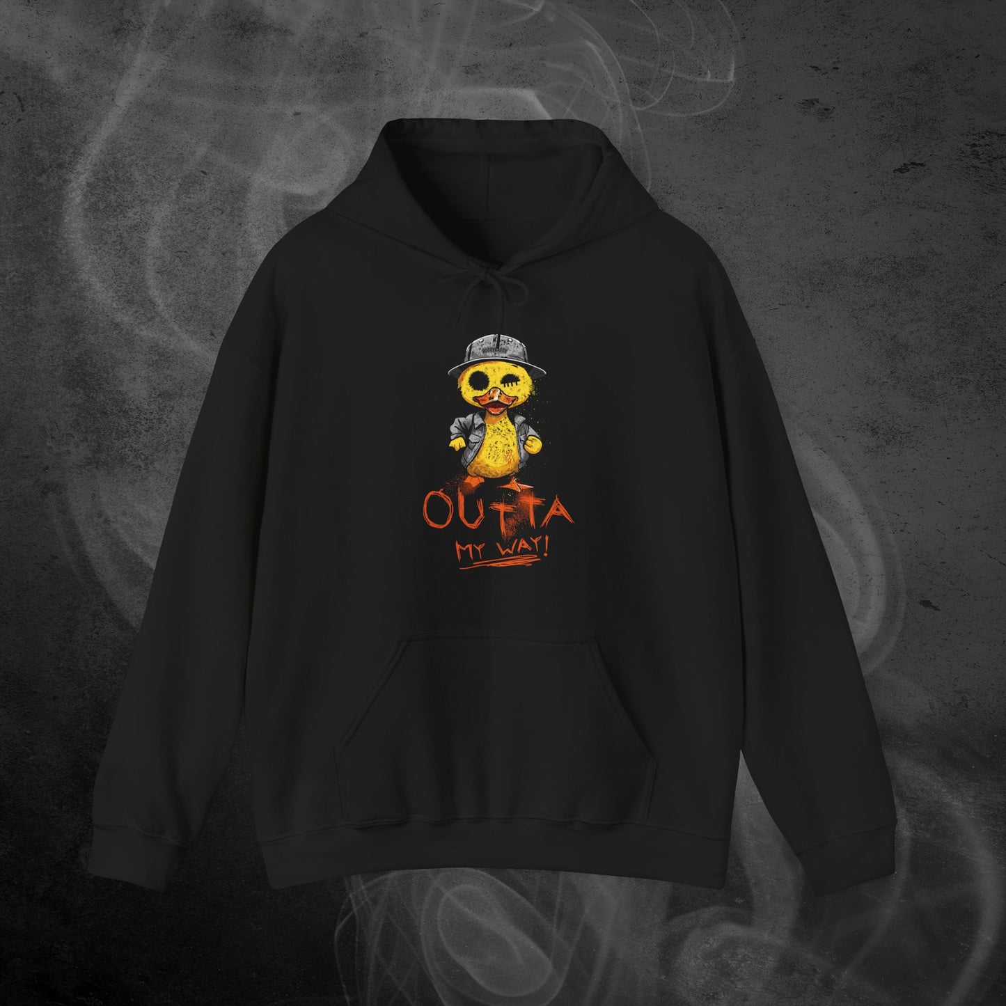 Black Hoodie With  A Hand-Drawn Illustration of A Rude Duck With The Phrase Outta My Way