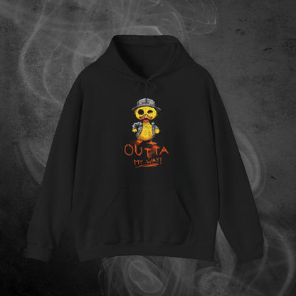 Black Hoodie With  A Hand-Drawn Illustration of A Rude Duck With The Phrase Outta My Way