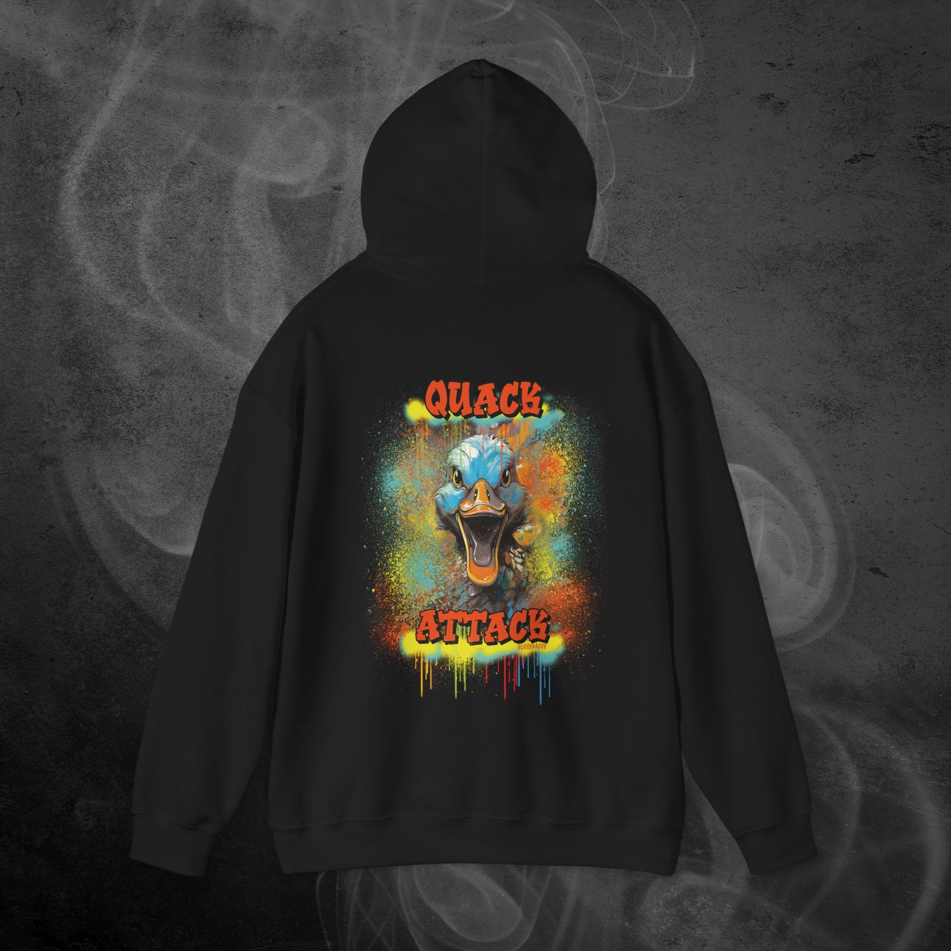 Black Hoodie With A Illustration Of A Colorfull Crazy Street Duck And Text Quack Attack-Graffiti Style Design On Back
