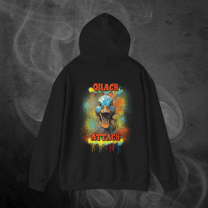 Black Hoodie With A Illustration Of A Colorfull Crazy Street Duck And Text Quack Attack-Graffiti Style Design On Back