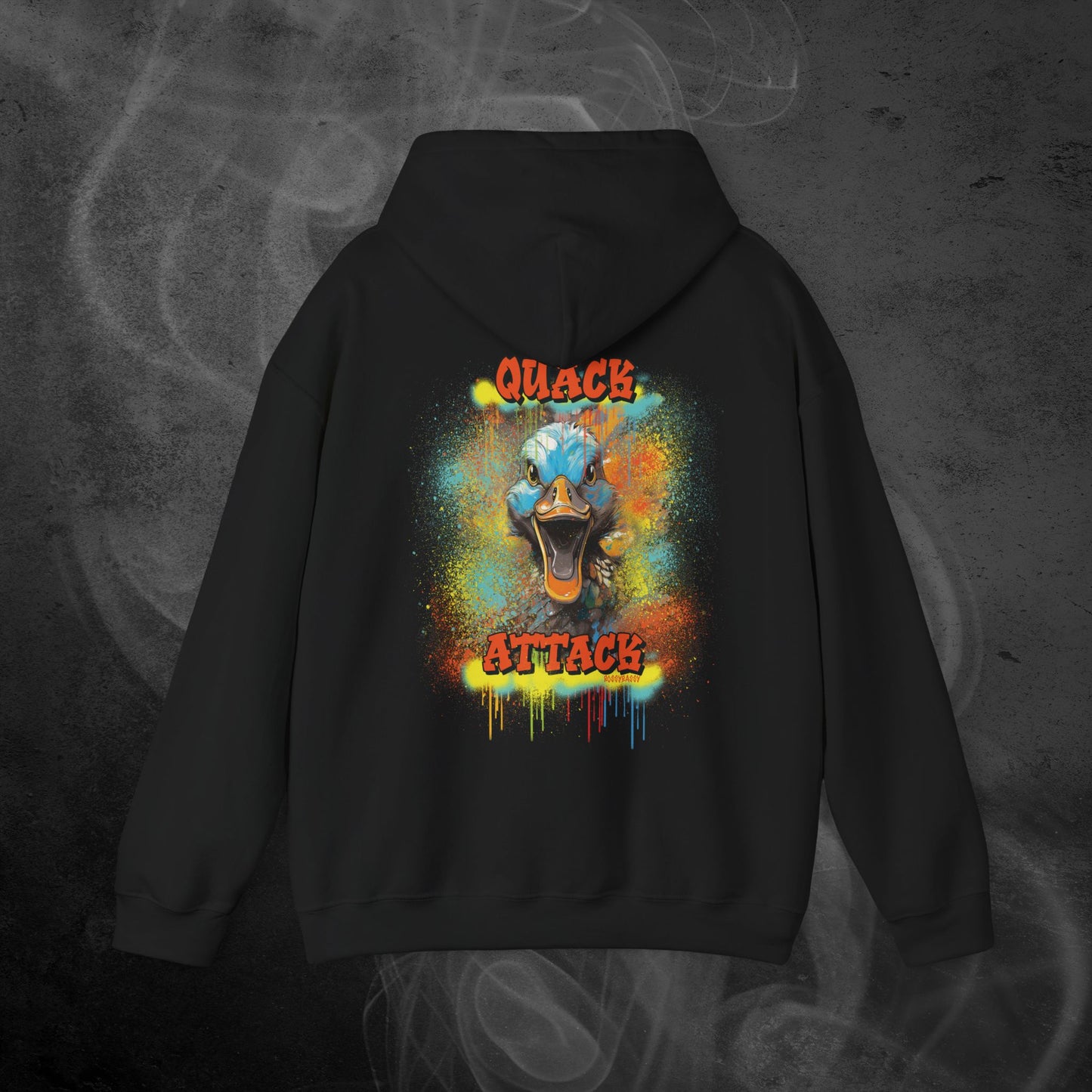 Black Hoodie With A Illustration Of A Colorfull Crazy Street Duck And Text Quack Attack-Graffiti Style Design