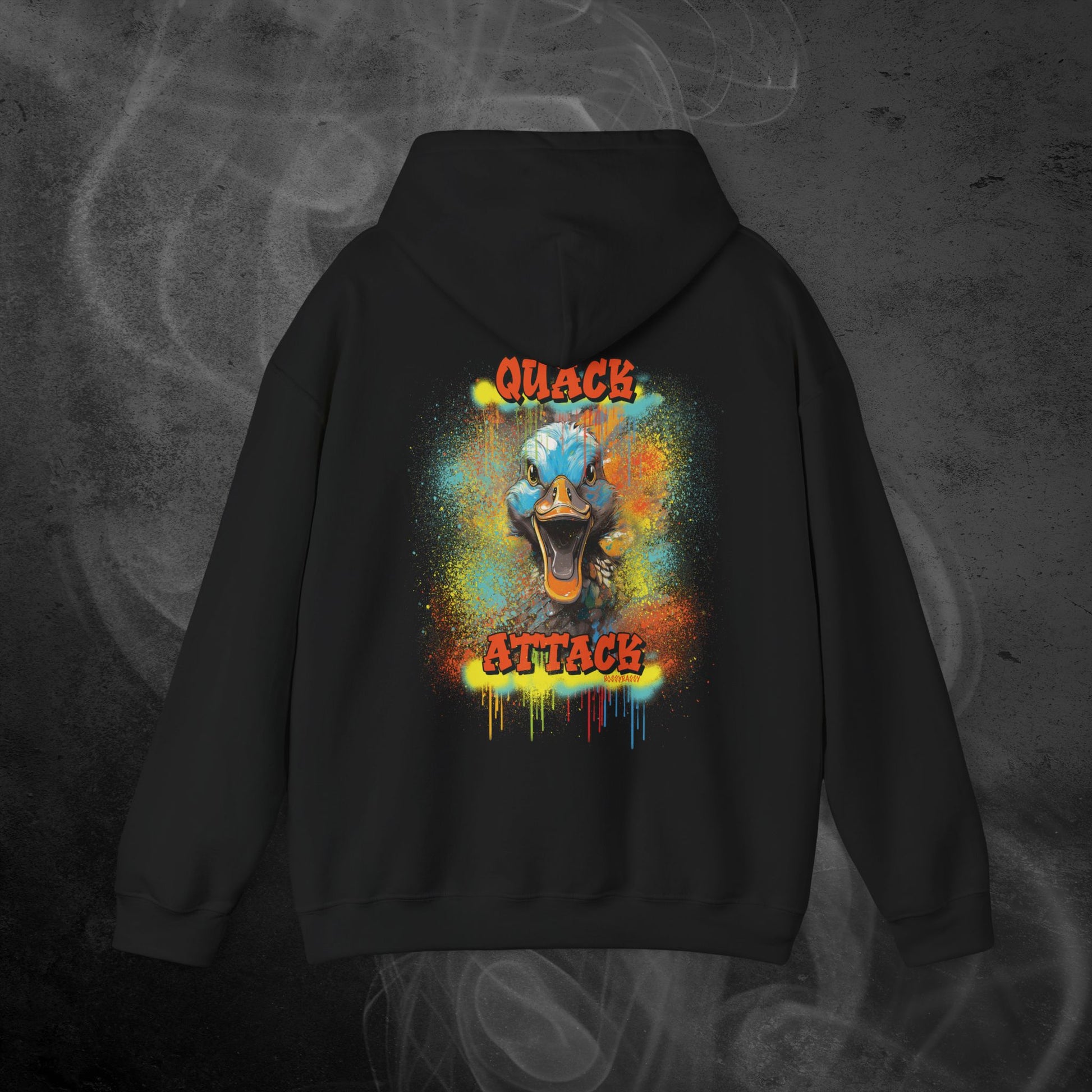 Black Hoodie With A Illustration Of A Colorfull Crazy Street Duck And Text Quack Attack-Graffiti Style Design