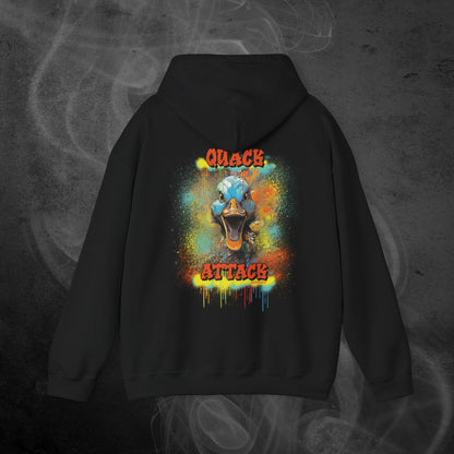 Black Hoodie With A Illustration Of A Colorfull Crazy Street Duck And Text Quack Attack-Graffiti Style Design
