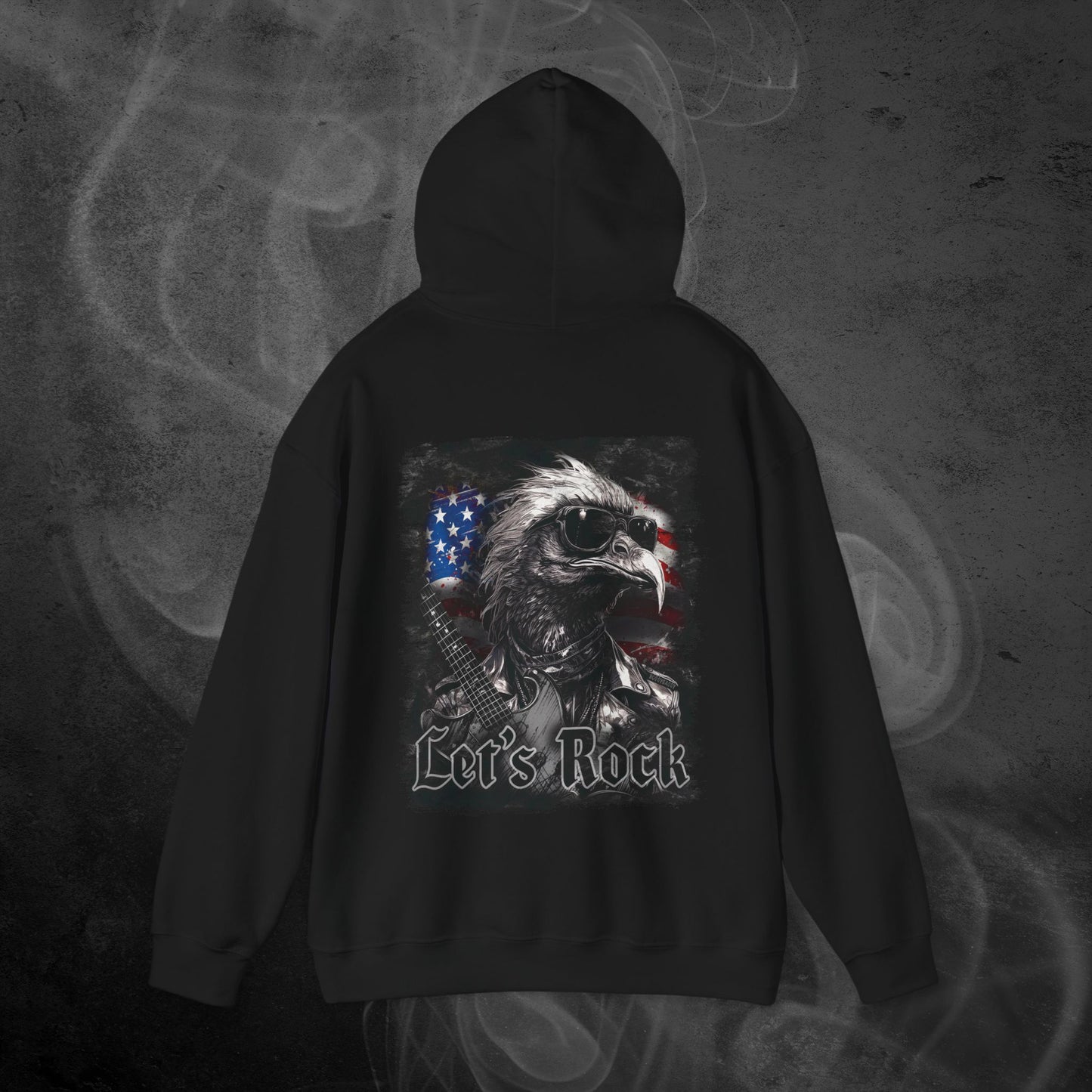Black Hoodie With A Rocker Eagle With USA Flag Design And The Text Let's Rock