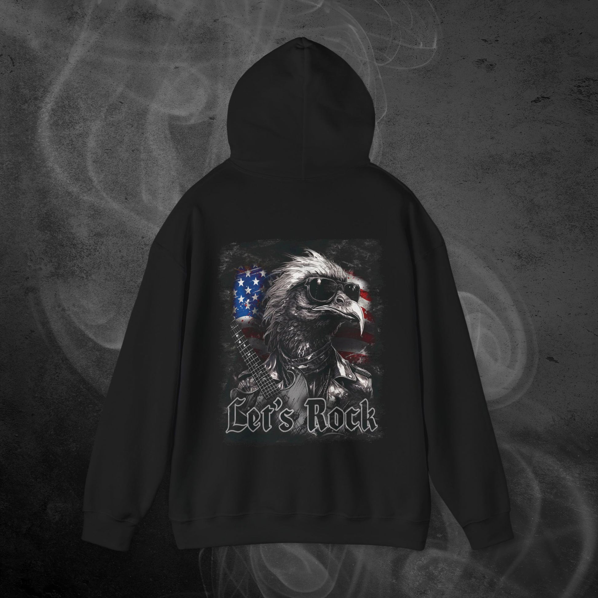 Black Hoodie With A Rocker Eagle With USA Flag Design And The Text Let's Rock