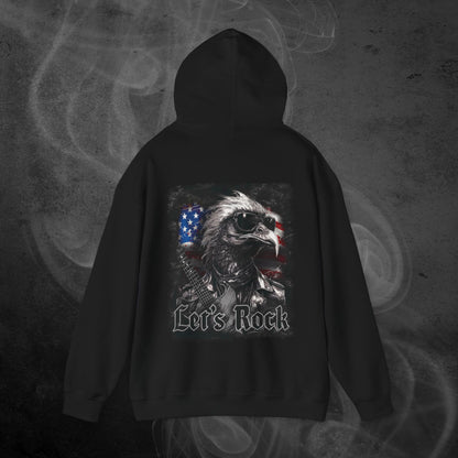 Black Hoodie With A Rocker Eagle With USA Flag Design And The Text Let's Rock