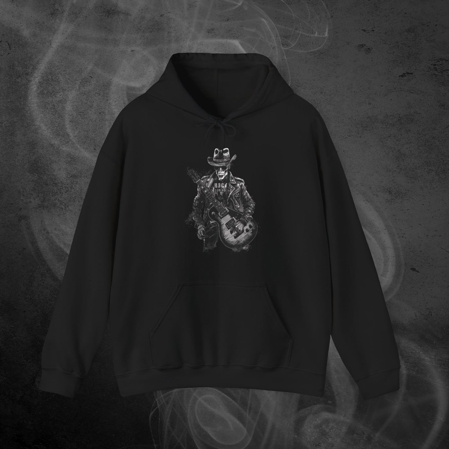 Black Hoodie With A Rockstar Skeleton Print And Text Rock Leyend