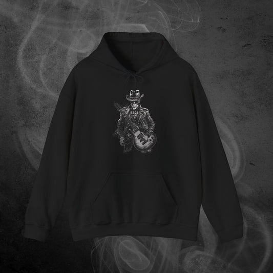 Black Hoodie With A Rockstar Skeleton Print And Text Rock Leyend