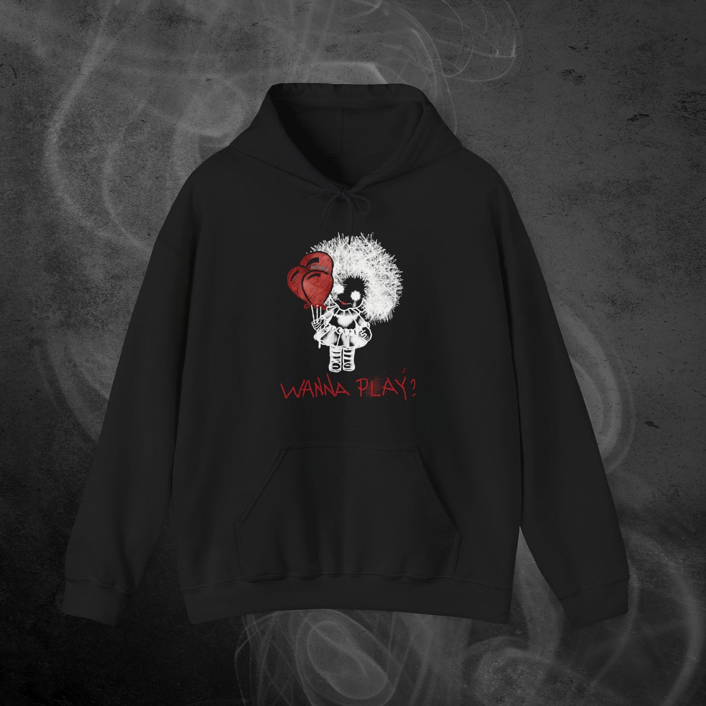 Black Hoodie With Spooky Girl Horror Design And Text Wanna Play