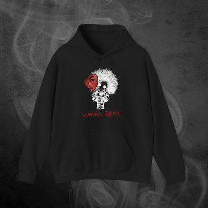 Black Hoodie With Spooky Girl Horror Design And Text Wanna Play