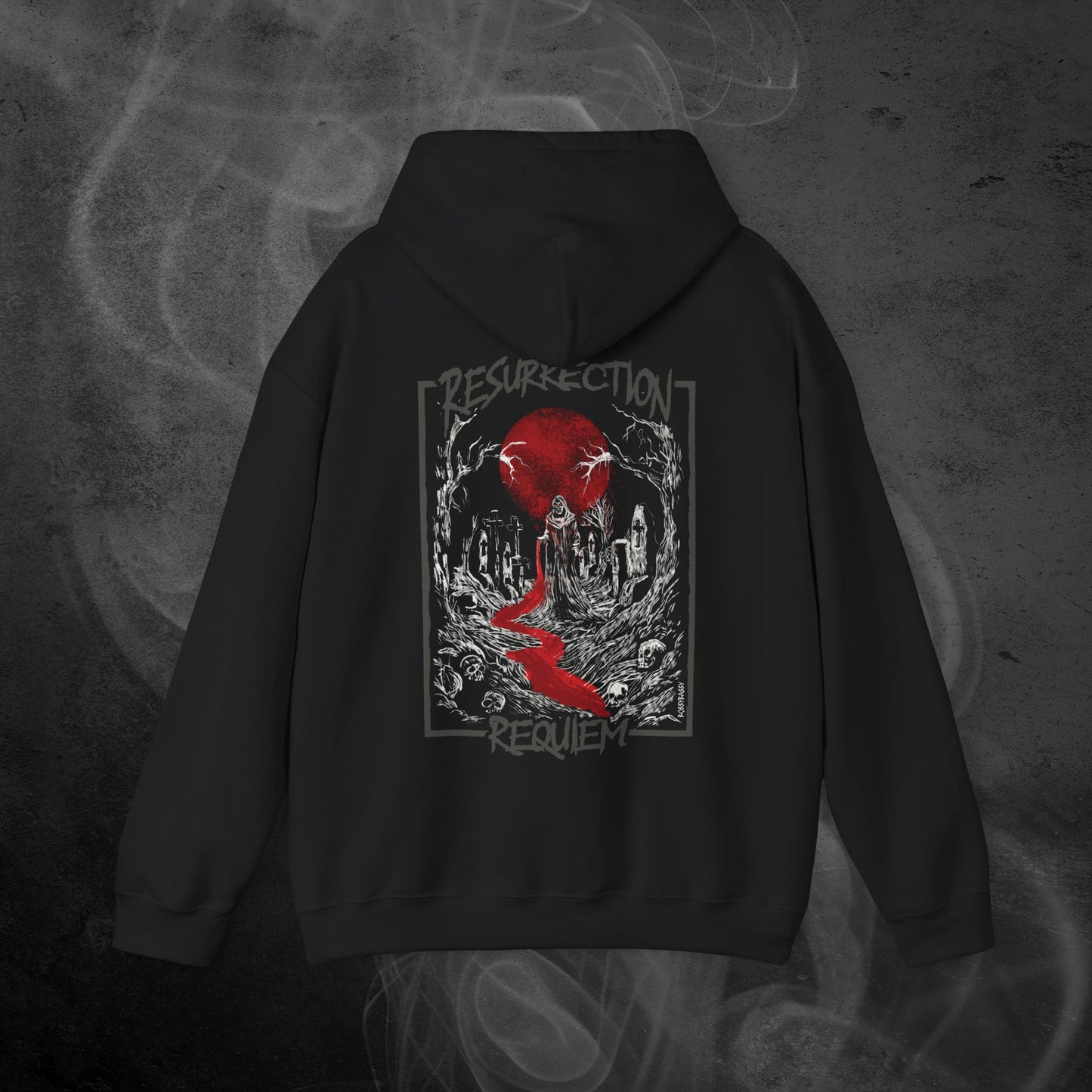 Black Hoodie With White Graveyard And Red Moon Illustration  Design With Text Resurrection Requiem