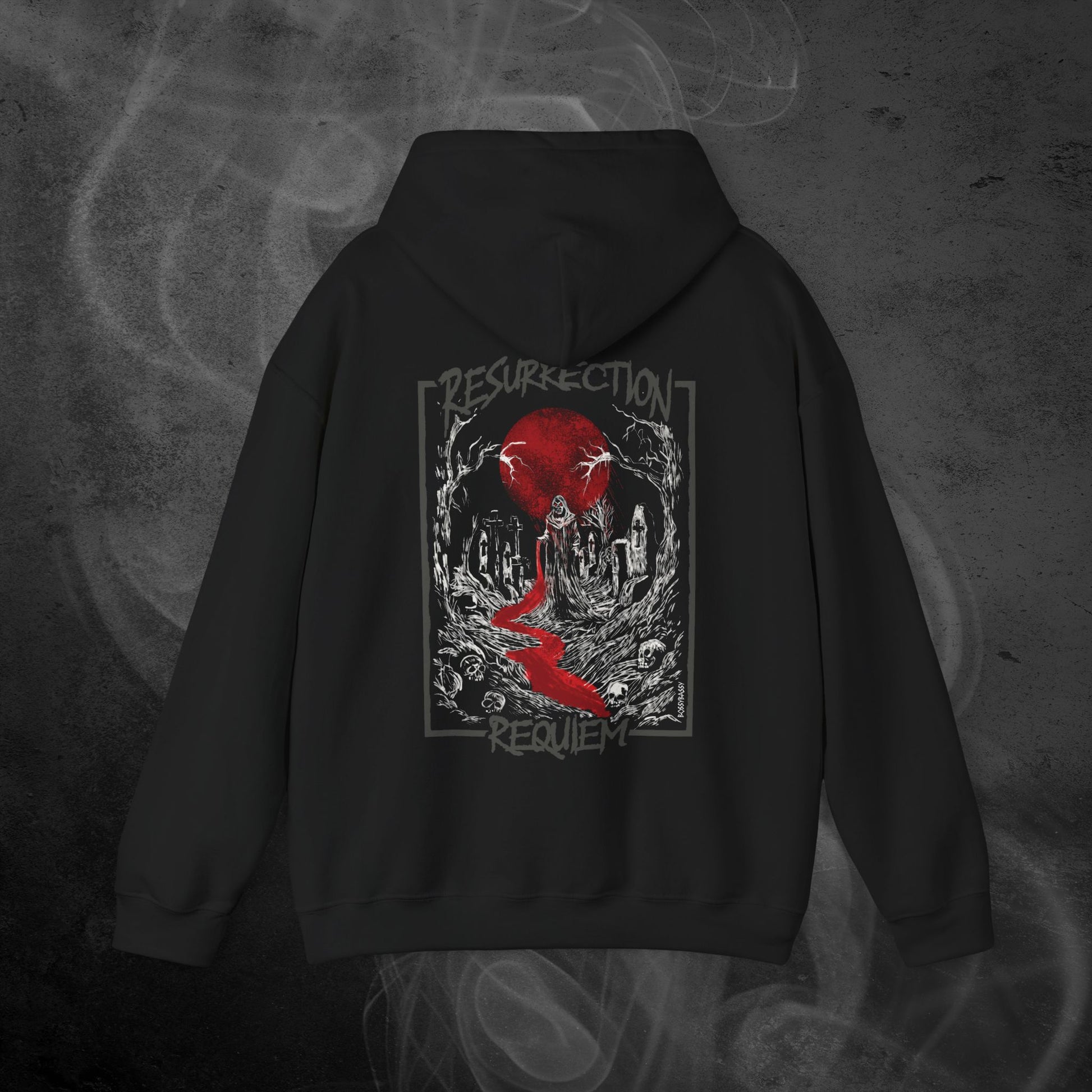 Black Hoodie With White Graveyard And Red Moon Illustration  Design With Text Resurrection Requiem