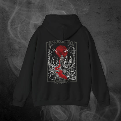 Black Hoodie With White Graveyard And Red Moon Illustration  Design With Text Resurrection Requiem