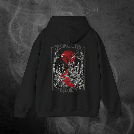 Black Hoodie With White Graveyard And Red Moon Illustration  Design With Text Resurrection Requiem
