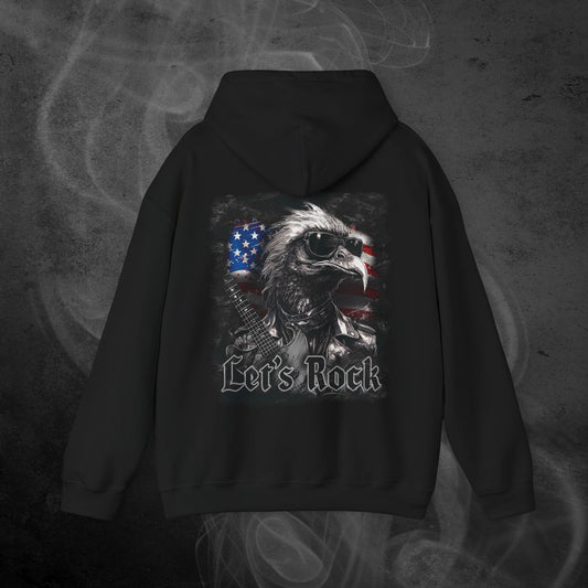 Black Hoodie With A Rocker Eagle With USA Flag Design And The Text Let's Rock