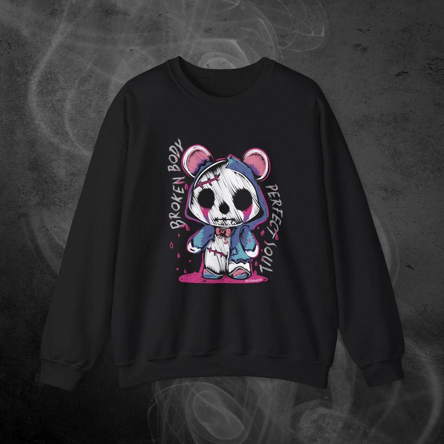 Black Sweatshirt With A Gothic Emo Hand Drawn Bear Design With Text Broken Soul Perfect Body