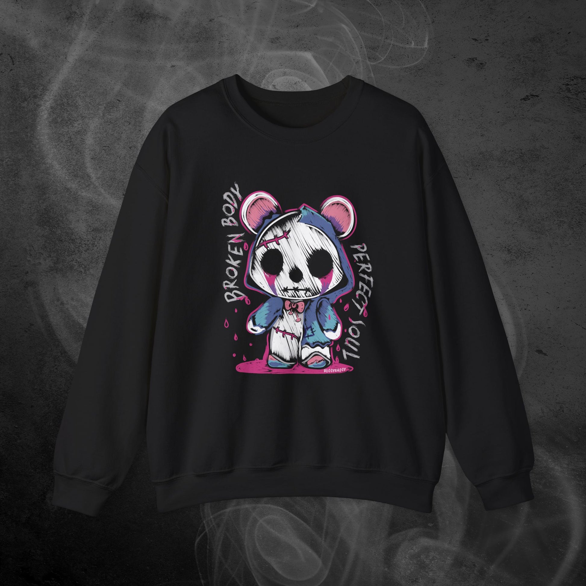 Black Sweatshirt With A Gothic Emo Hand Drawn Bear Design With Text Broken Soul Perfect Body