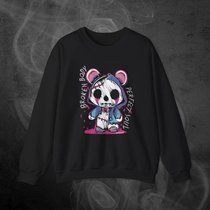 Black Sweatshirt With A Gothic Emo Hand Drawn Bear Design With Text Broken Soul Perfect Body
