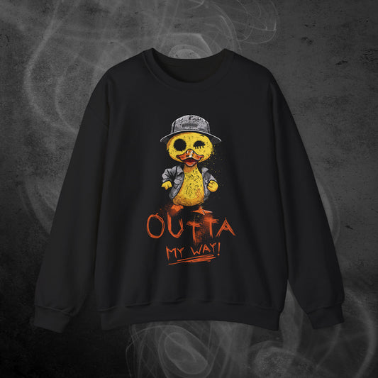Black Sweatshirt With A Hand Drawn Illustration of A Rude Duck With The Phrase Outta My Way