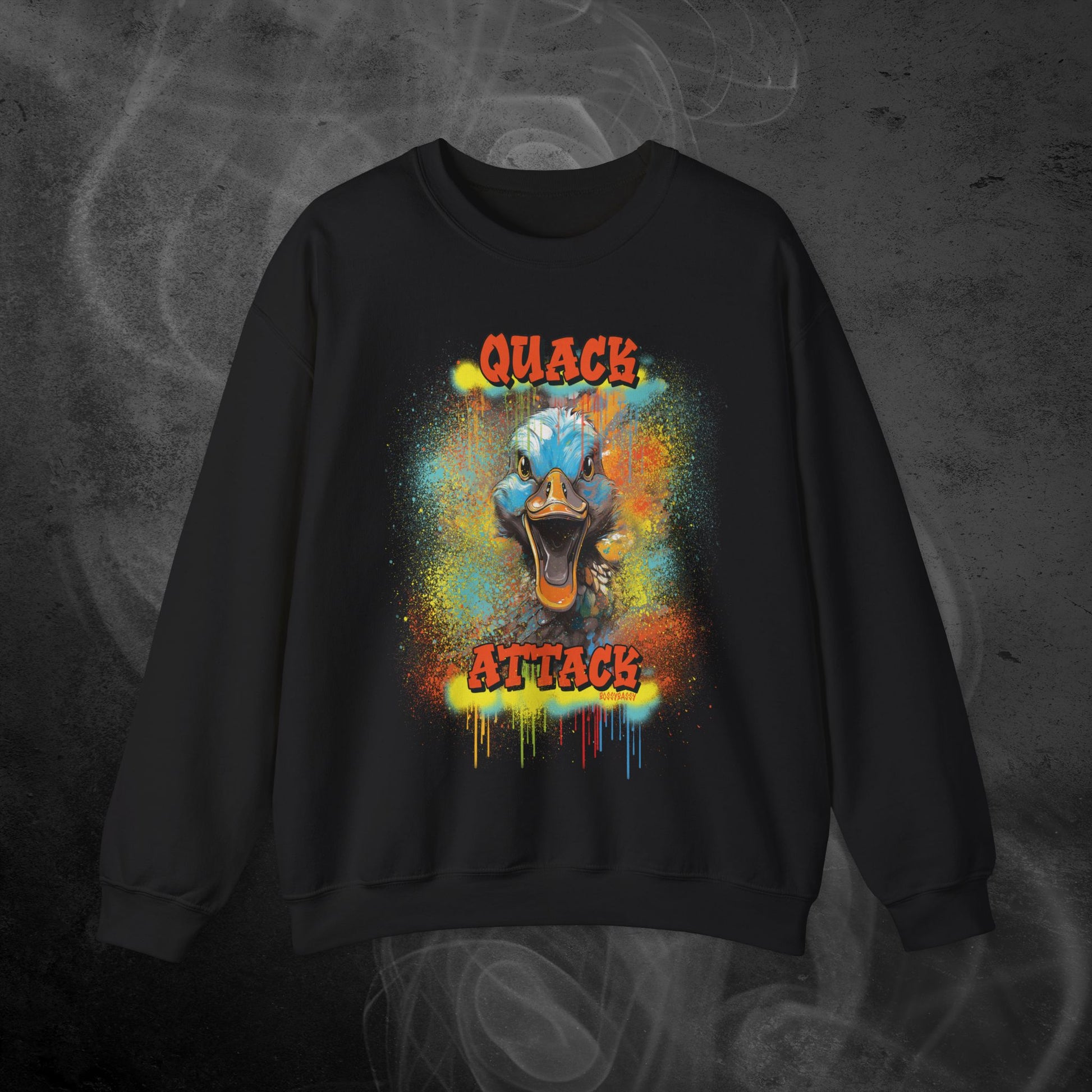 Black Sweatshirt With A Illustration Of A Colorfull Crazy Street Duck And Text Quack Attack-Graffiti Style Design