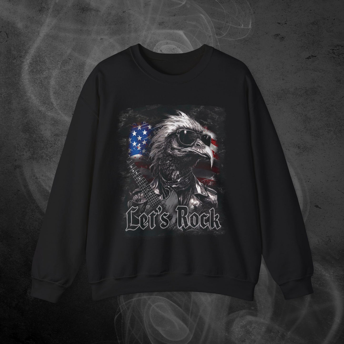 Black Sweatshirt With A Rocker Eagle With USA Flag Design And The Text Let's Rock
