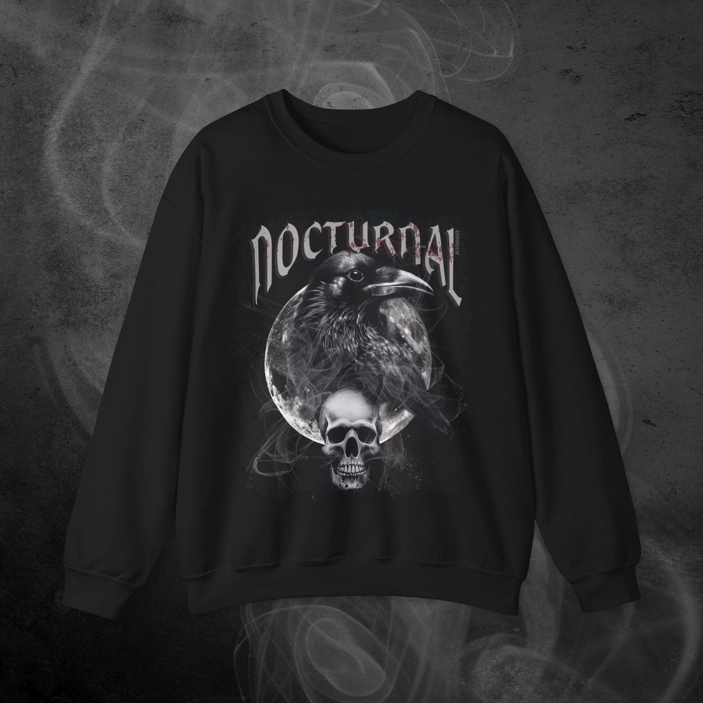 Black Sweatshirt With An Illustration Of A Raven And Skeleton At Night Time With A Skull Under Full Moon
