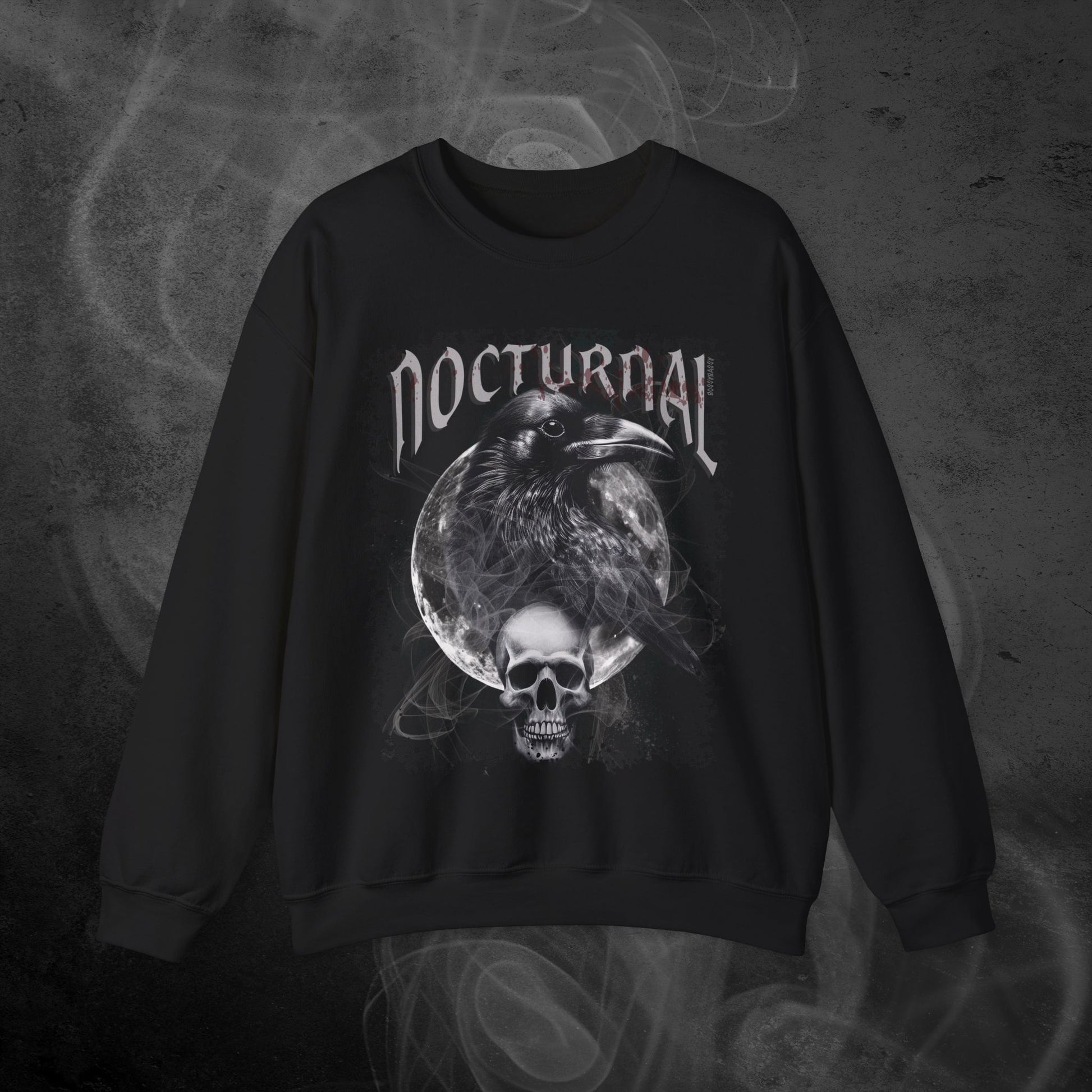 Black Sweatshirt With An Illustration Of A Raven And Skeleton At Night Time With A Skull Under Full Moon