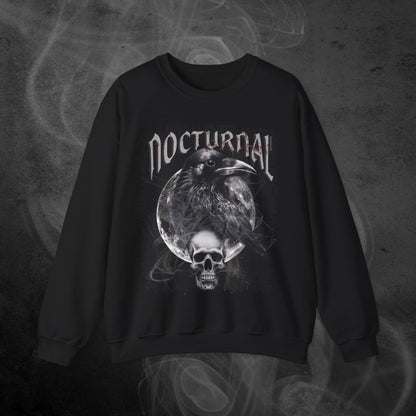 Black Sweatshirt With An Illustration Of A Raven And Skeleton At Night Time With A Skull Under Full Moon