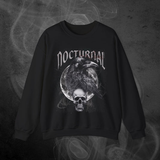 Black Sweatshirt With An Illustration Of A Raven And Skeleton At Night Time With A Skull Under Full Moon