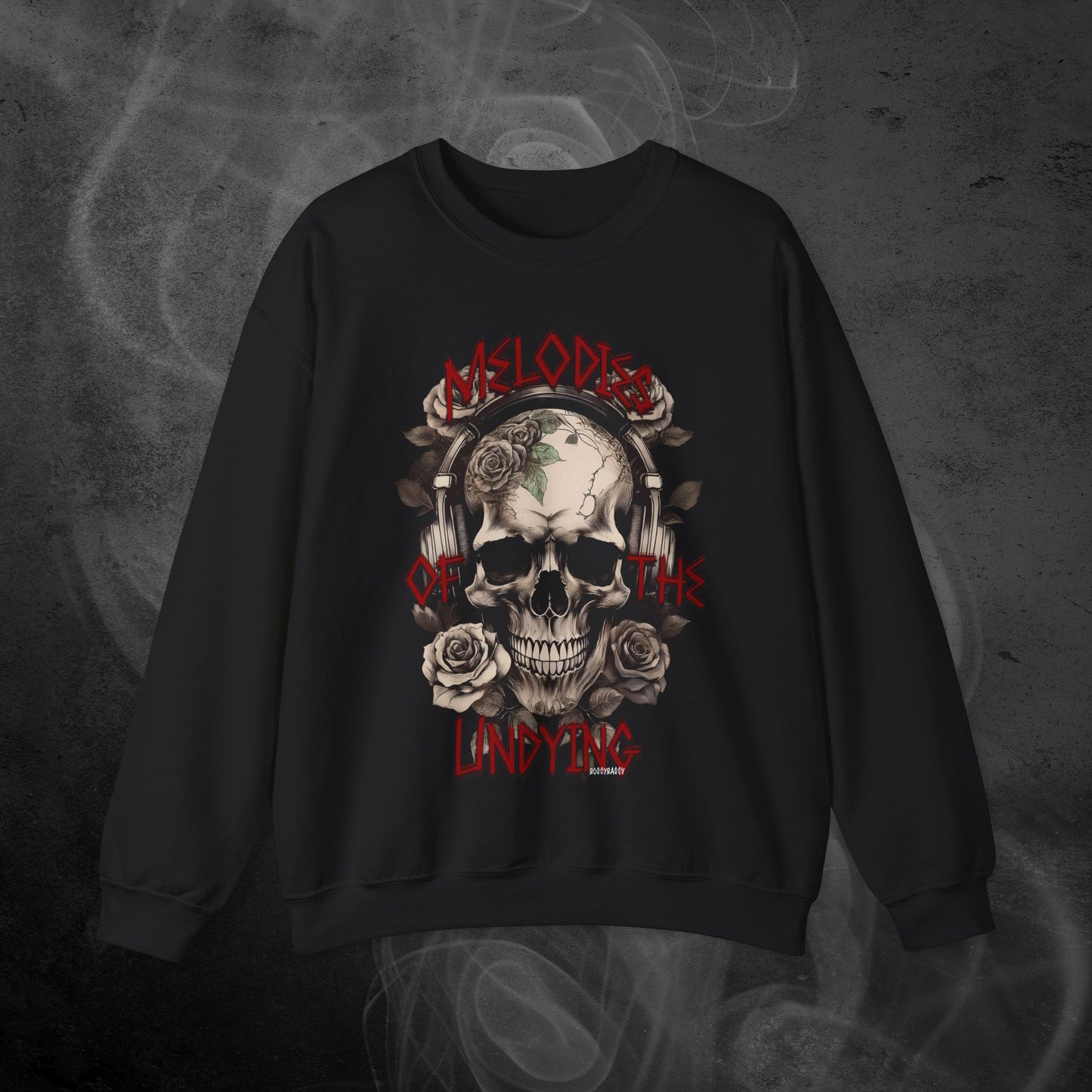 Black Sweatshirt With An Illustration Of A Vintage Skull Skeleton With Roses And Text Melodies Of The Undying