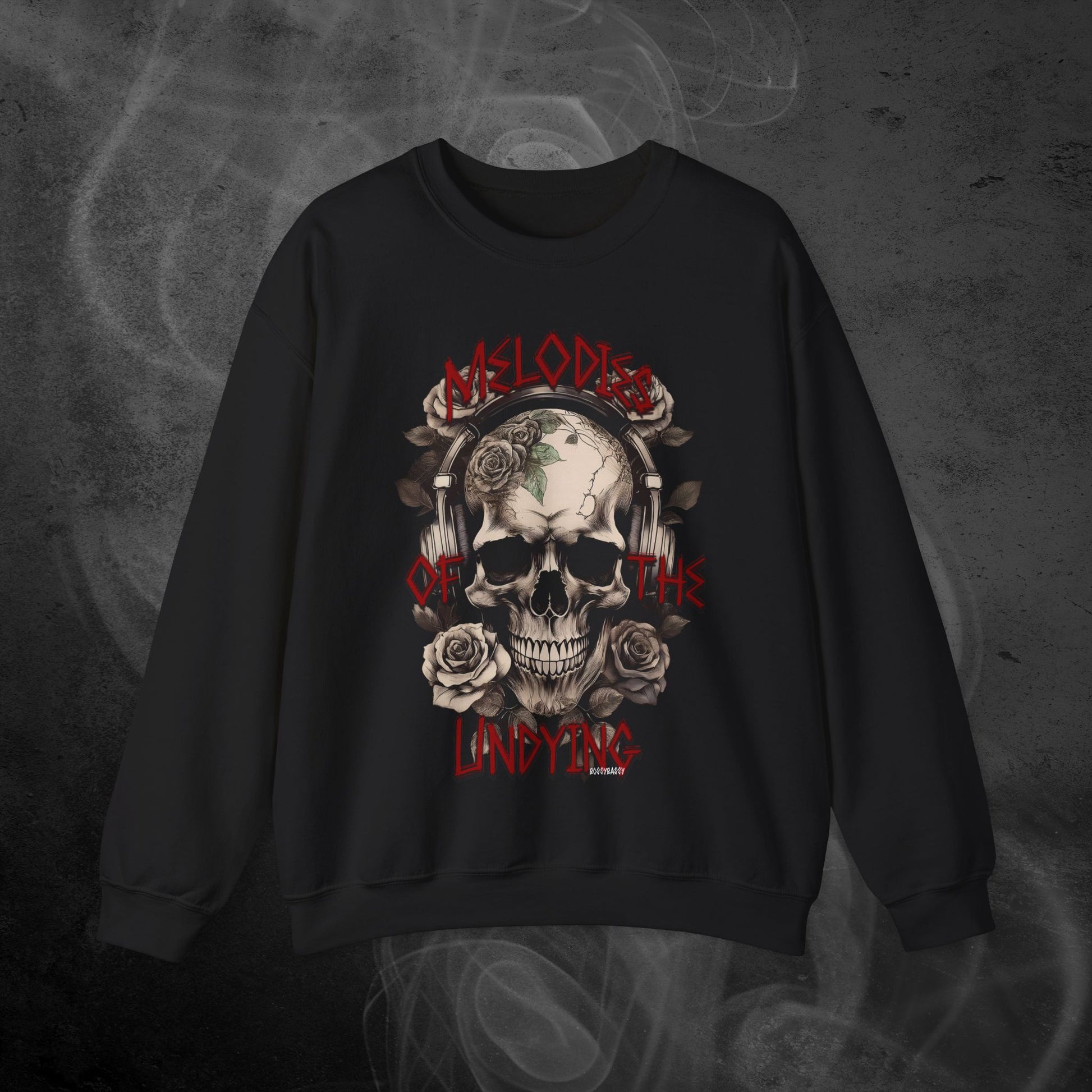 Black Sweatshirt With An Illustration Of A Vintage Skull Skeleton With Roses And Text Melodies Of The Undying