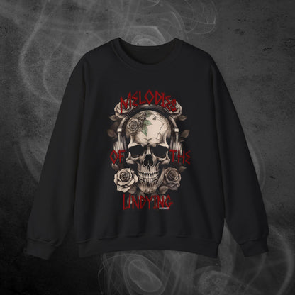 Black Sweatshirt With An Illustration Of A Vintage Skull Skeleton With Roses And Text Melodies Of The Undying