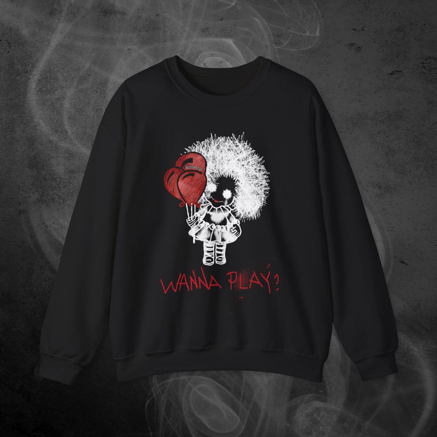 Black Sweatshirt With Spooky Girl Horror Design And Text Wanna Play