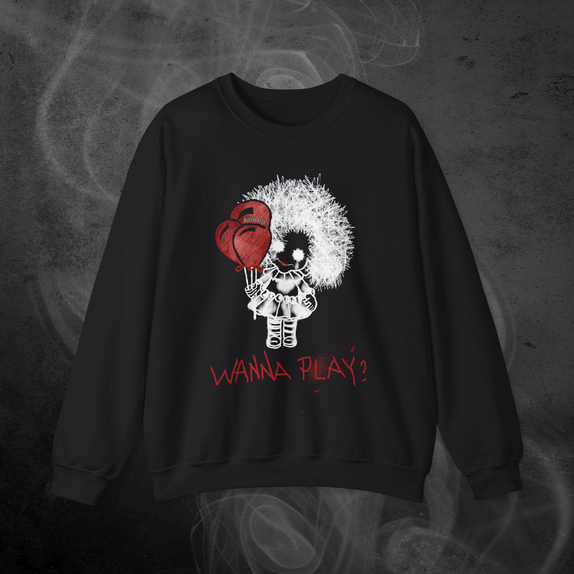 Black Sweatshirt With Spooky Girl Horror Design And Text Wanna Play