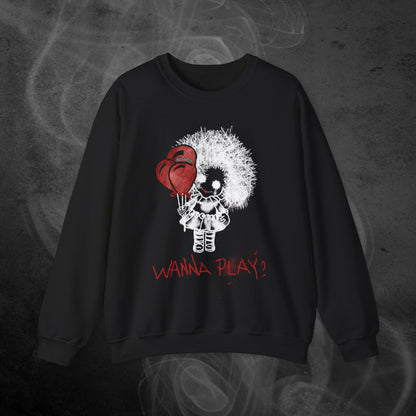 Black Sweatshirt With Spooky Girl Horror Design And Text Wanna Play