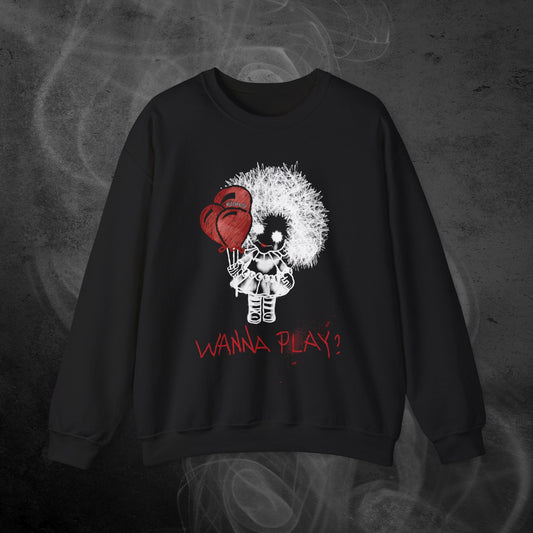 Black Sweatshirt With Spooky Girl Horror Design And Text Wanna Play