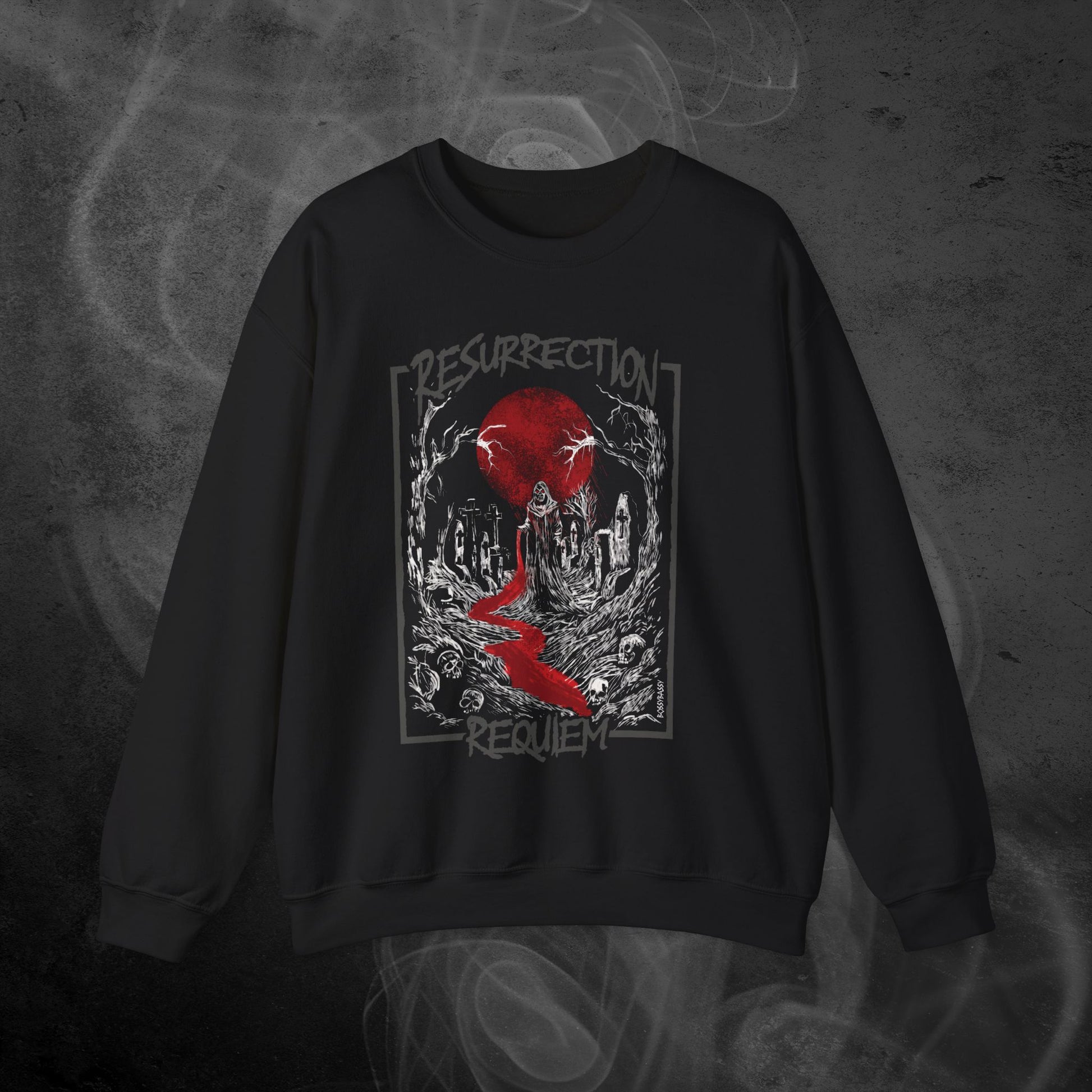 Black Sweatshirt With White Graveyard And Red Moon Illustration  Design With Text Resurrection Requiem