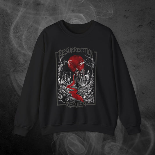 Black Sweatshirt With White Graveyard And Red Moon Illustration  Design With Text Resurrection Requiem