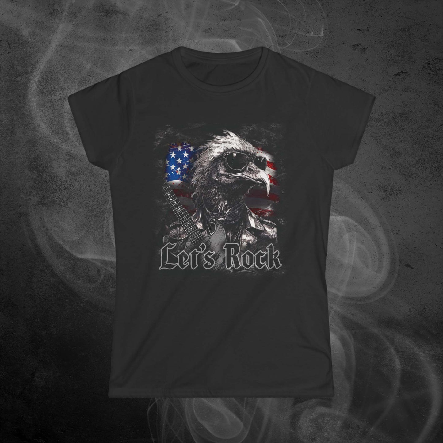 Rocker Eagle with USA Flag Let's Rock Design Women's Fit Black T-shirt