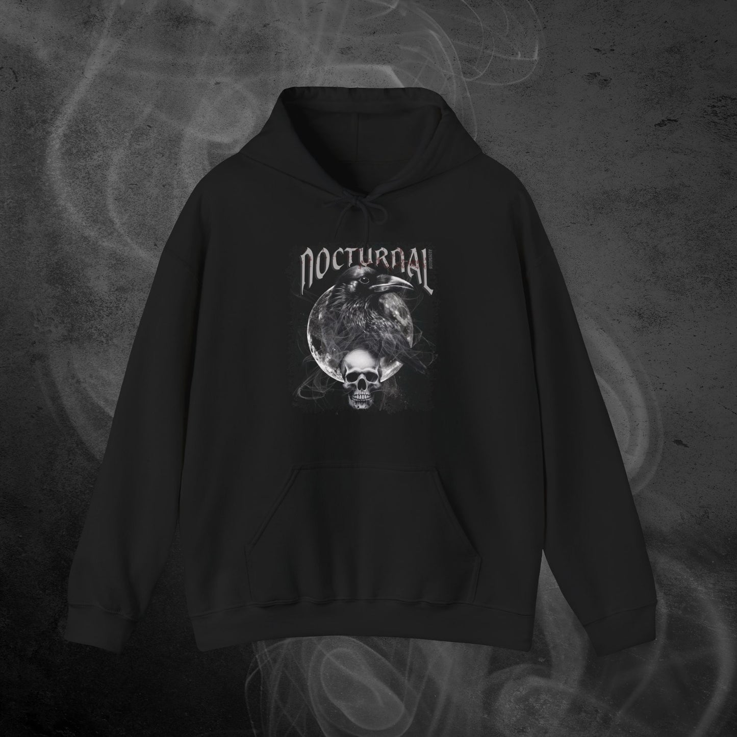 Black hoodie With An Illustration Of A Raven And Skeleton At Night Time With A Skull Under Full Moon