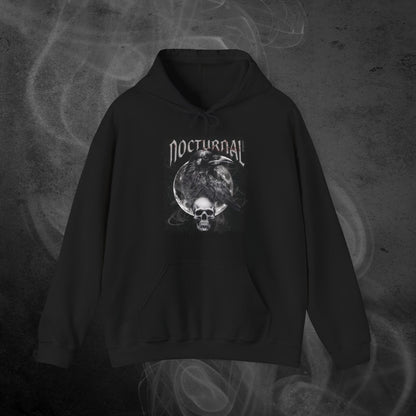 Black hoodie With An Illustration Of A Raven And Skeleton At Night Time With A Skull Under Full Moon