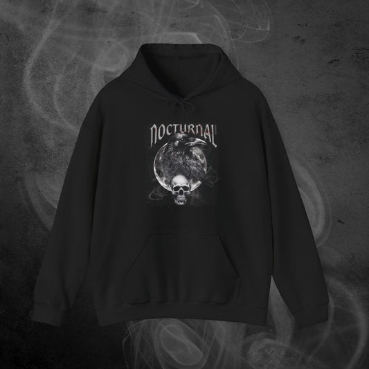 Black hoodie With An Illustration Of A Raven And Skeleton At Night Time With A Skull Under Full Moon